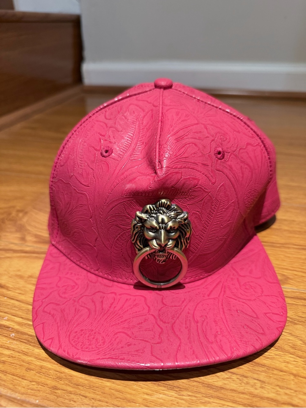 Pink Embossed Leather Snapback Hat with Lion Ring Accent